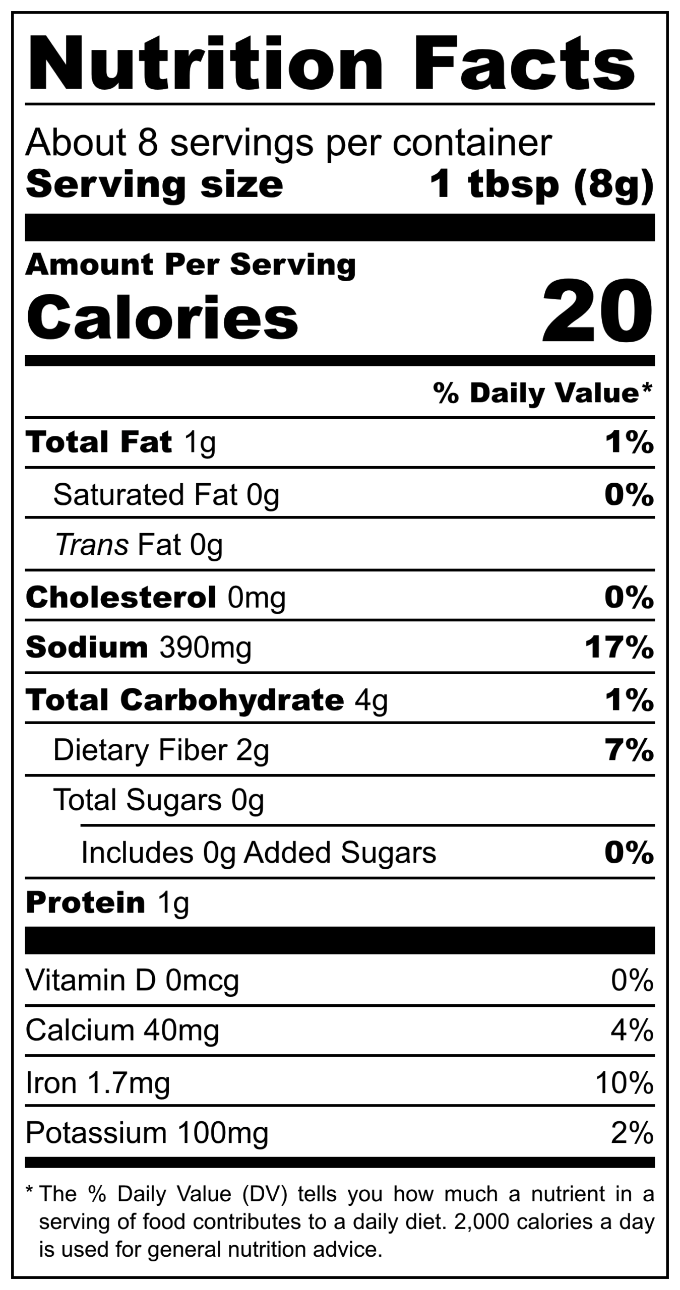 Biryani Masala FDA Nutrition Label